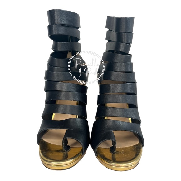 Christian Louboutin Strappy Boot Sandal 38 black White Gold Block Heel - Picture 4 of 14